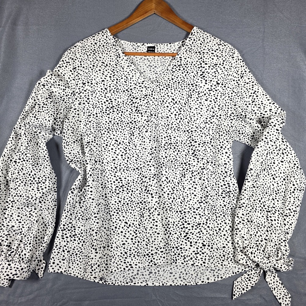 White Polka-dot Blouse Women's Large Long Balloon Sleeve Tie Detail V-neck Work